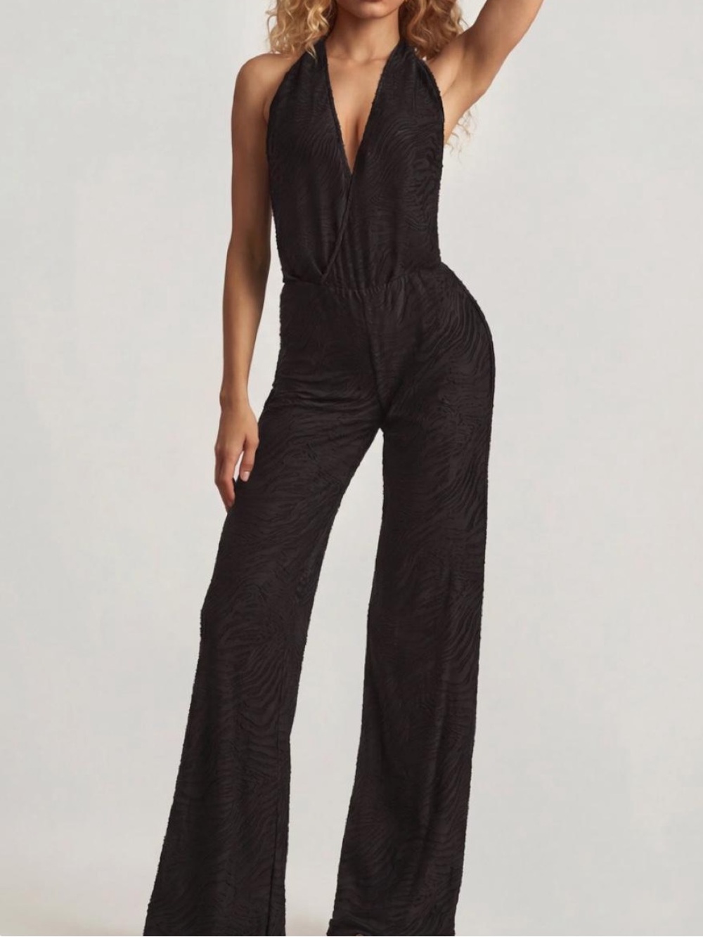 Oh Polly Devoré Halterneck Open-Back Jumpsuit in Black